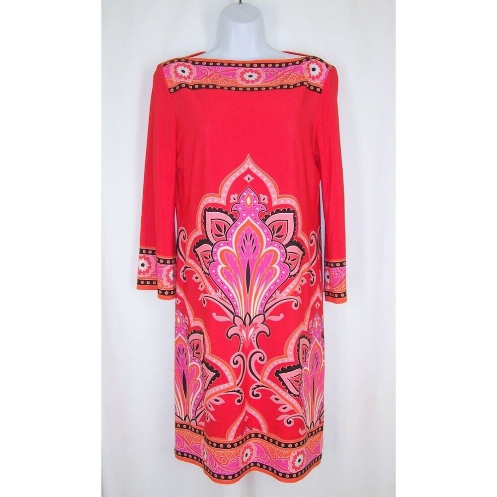 London Times Red Orange Retro Shift Dress 10 Knit Stretch Colorful Paisley Print